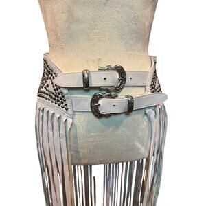 Vintage 80s/90s Kippys Leather Fringe Hip Belt White Studded Rhinestone